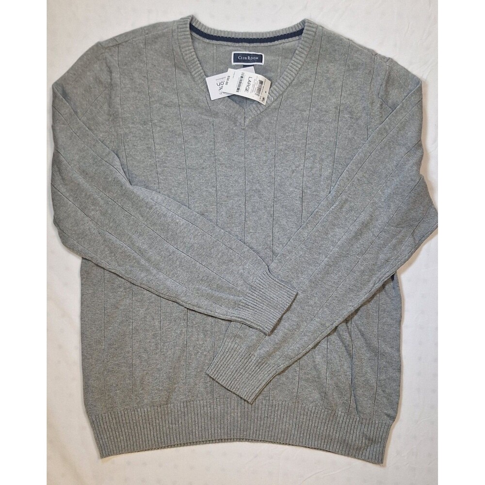 Club Room Men's V-Neck Cotton Sweater Gray Drop-Needle Pullover Knit Large NWT